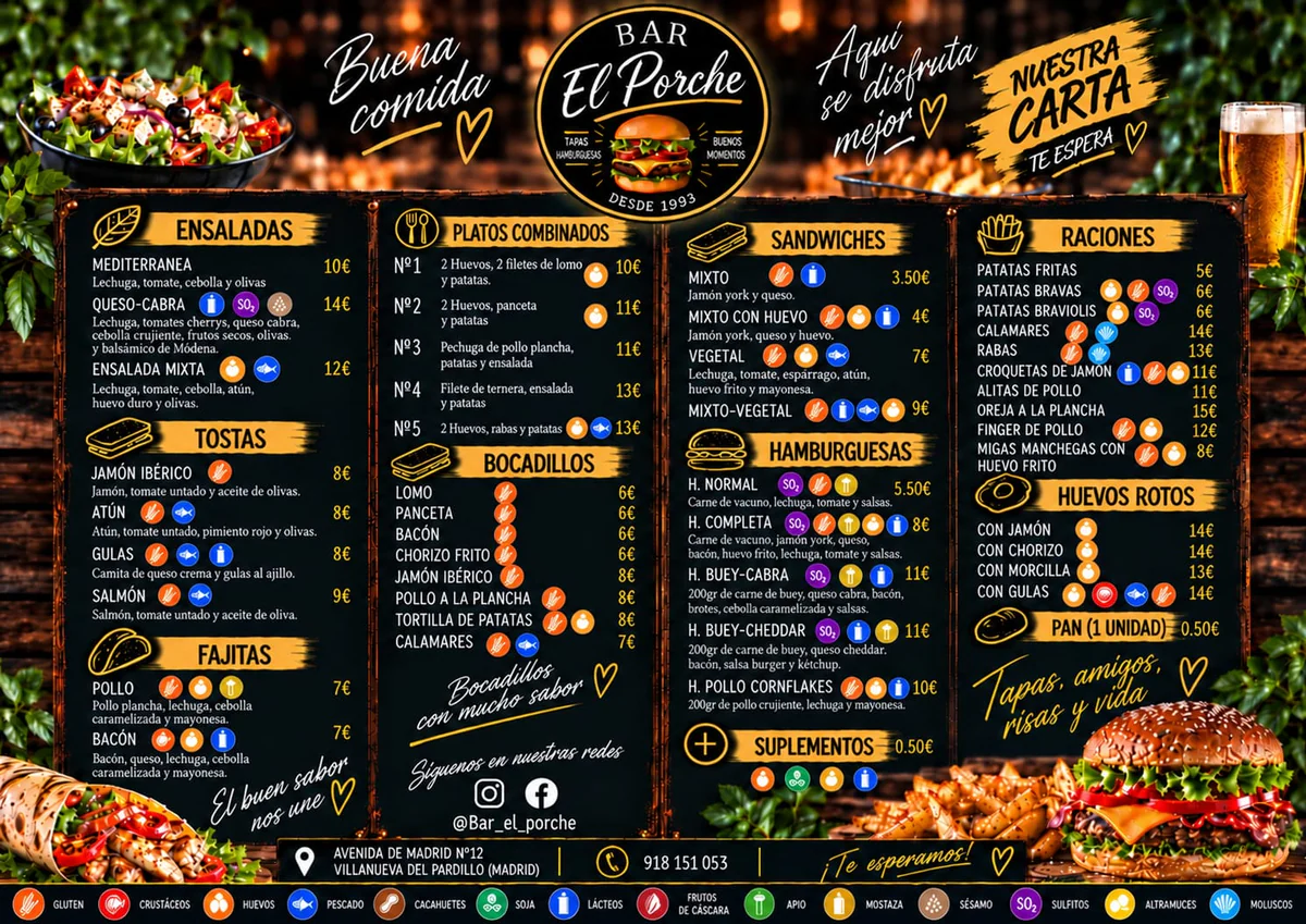 Carta de Bar El Porche: ensaladas, tostas, fajitas, platos combinados, bocadillos, sándwiches, hamburguesas, raciones y huevos rotos, con sus precios