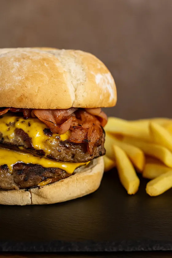 Hamburguesa doble con bacón y queso, con patatas fritas