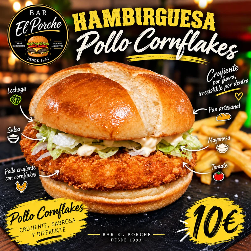 Hamburguesa de pollo crujiente con cornflakes