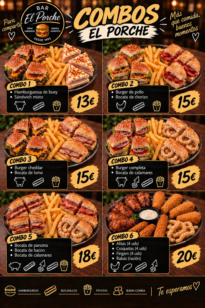 Combos El Porche: seis combinaciones de hamburguesas, bocadillos, patatas y raciones para compartir, desde 13€